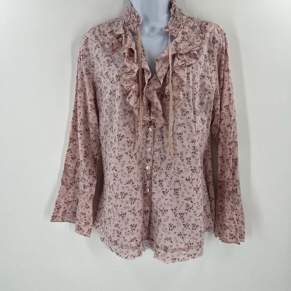 Cino XL Pink Floral Ruffle Blouse Button Down Tie Neck Smocked Peasant - Picture 1 of 8
